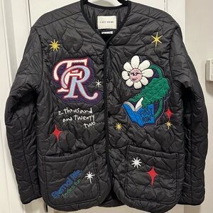 FIRST ROW DENIM Sunshine Quilted Puff Jacket M Black Patches Embroidered Unique